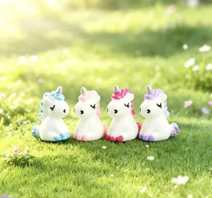 Cute miniature resin unicorn figurines set for desktop decoration and micro landscape display.