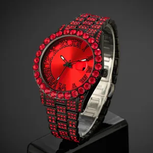 Montre de luxe strass rouge style hip-hop bracelet cristal brillant chiffres romains