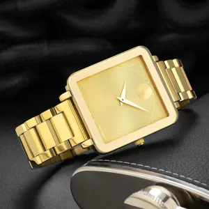 Gold square quartz watch for men minimalist stainless steel strap elegant dress wristwatch