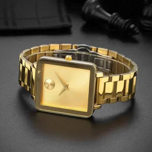 Men's gold square quartz watch with minimalist steel strap and unique dial design.