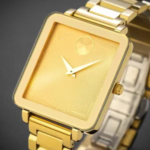 Golden square quartz watch for men featuring a minimalist textured dial and steel strap.