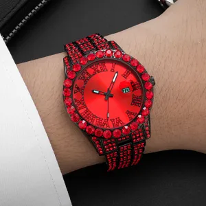 Montre-bracelet hip-hop en strass rouge avec chiffres romains et date pour hommes femmes