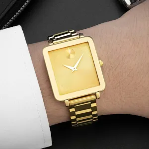 Men's square quartz watch with ultra-thin gold steel strap and minimalist dial design.