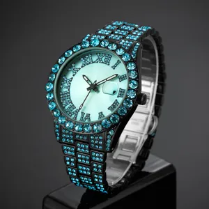 Montre quartz strass de luxe avec cristaux bleus, montre hip hop étincelante hommes femmes