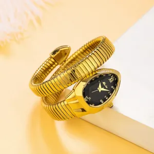Detailed view of the gold snake wrap quartz watch with a sleek black dial and crystals.
