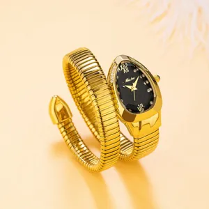 Gold snake wraparound quartz watch for women, stylish diamond encrusted teardrop dial design.