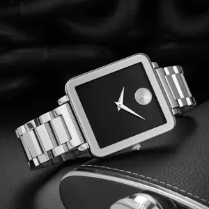 Minimalist square quartz watch featuring a stainless steel strap and sleek black dial for men.
