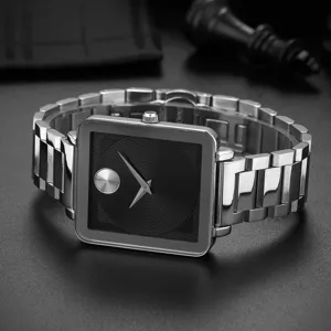 Square quartz men's watch with ultra-thin solid steel strap and minimalist dial detail.