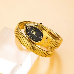 Gold snake wraparound quartz watch detail view, elegant ladies fashion timepiece.
