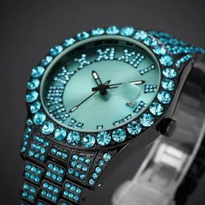 Montre de luxe incrustée de strass bleus pour hommes et femmes montre quartz hip hop