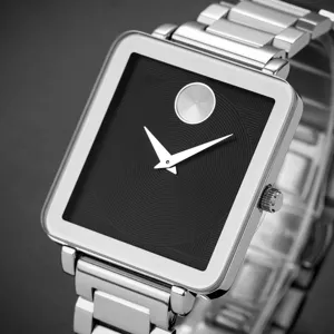 Square stainless steel quartz watch for men with minimalist dial design and metal strap.