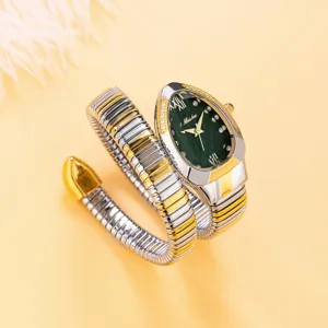 Women luxury snake shaped quartz watch green dial diamond wrap bracelet wristwatch fashion
