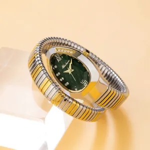 Snake winding quartz women watch with green dial and rhinestones, luxury style detail view.