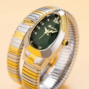 Exquisite snake wrap quartz watch with green diamond dial, double loop two-tone band.