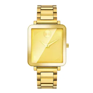 Gold square quartz watch for men with minimalist dial and solid steel bracelet strap stylish.