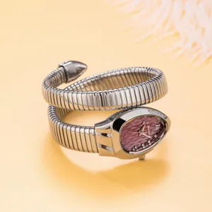 Close-up detail of silver snake wrap quartz watch with pink dial and diamond accents.
