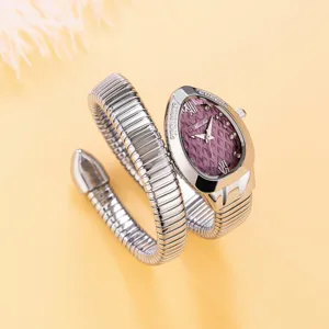 Fashion women quartz watch with snake wrap design purple dial crystal bezel luxury wristwatch