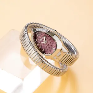 Luxury snake shape quartz watch for women with purple textured dial and crystal bracelet.