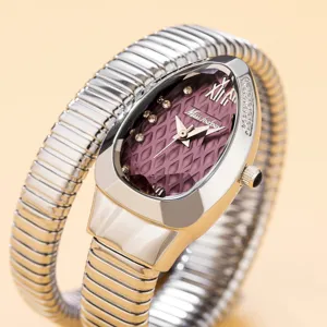 Missfox women quartz watch luxury serpent wrap metal strap diamond bezel elegant timepiece