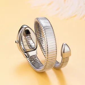 Silver snake wrap quartz watch for women, stylish coiled animal wrist watch with metal band.