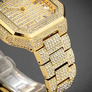 Men iced out quartz watch gold square rhinestone luxury wristwatch detail product view