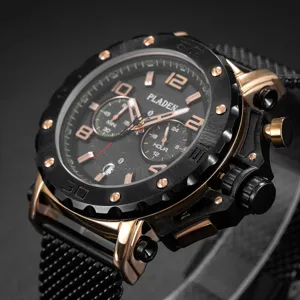 Pladen montre quartz homme luxe detail cadran, grand chronographe lumineux bracelet maille