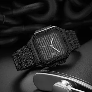 Close-up detail of the luxury full diamond square quartz watch dial and metal bracelet.