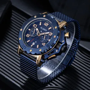 PLADEN montre quartz homme luxe étanche multifonction chronographe bracelet acier bleu