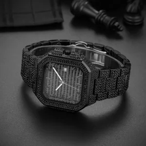 Luxury men's square iced out quartz watch with full black rhinestones and date display.