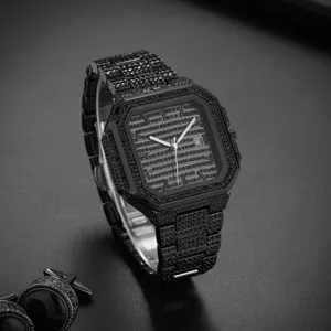 Men luxury iced out square quartz watch with paved black rhinestones and steel bracelet design