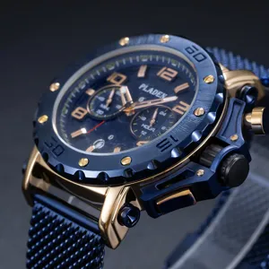 Montre quartz de luxe pour homme PLADEN avec cadran bleu et bracelet en maille metal.