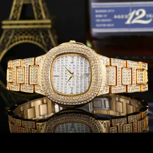 Luxury iced out rhinestone quartz watch for women, gold tone sparkly diamond fashion wristwatch.