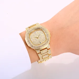 Luxury gold iced out rhinestone quartz watch for women, stylish square dial wristwatch.
