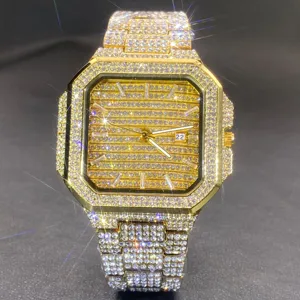 Men luxury iced out square quartz watch with full rhinestones bling gold wristwatch.