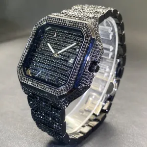 Men's luxury square iced-out quartz watch with black crystals and metal bracelet detail.