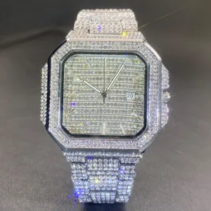 Luxury iced out square quartz watch for men hip hop diamond paved steel bracelet wristwatch