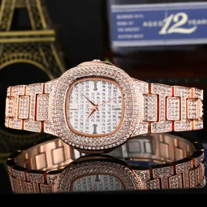 Luxurious rose gold full diamond quartz women watch with elegant oval dial and sparkling rhinestones.