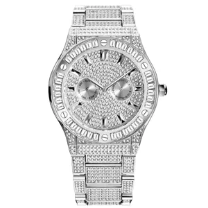 Men luxury iced out quartz watch with crystal diamond paved dial and bezel, steel bracelet detail.