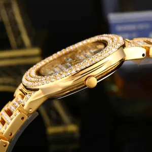 Luxury gold rhinestone quartz women's watch with full crystal paved shiny elegant design.