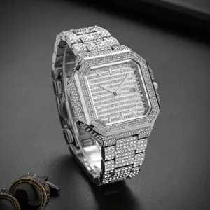 Luxury men iced out square quartz watch with sparkling rhinestones and silver steel bracelet.