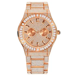 Luxury iced out men's quartz watch featuring rose gold finish and sparkling crystal pavé dial.
