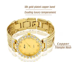 Luxury women quartz watch with 18k gold plated copper band and sparkling rhinestone bezel.