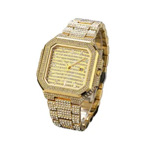 Men's iced out square quartz watch with glittering rhinestones, gold luxury hip hop design.