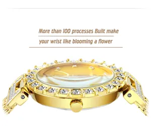 Luxury gold quartz watch detail showcasing sparkling rhinestone bezel and dial design.