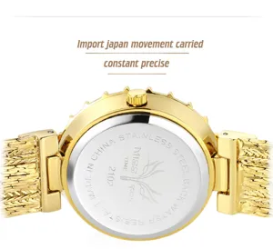 Gold quartz women watch with stainless steel back, mesh metal strap and precise movement.