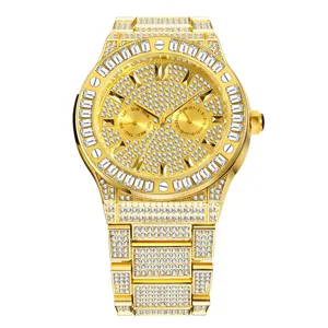 Men's luxury iced out gold quartz watch with full rhinestone paved dial and strap.