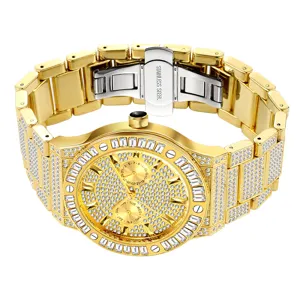 Luxury Mens Iced Out Gold Watch Quartz Wristwatch Diamond Bezel Hip Hop Stainless Steel