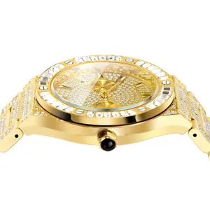 Close up detail view of luxurious men hip hop iced out gold quartz watch with rhinestones.