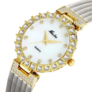 MISSFOX Women Luxury Rhinestone Quartz Watch Gold Plated Metal Band Waterproof Fashion Elegant Ladies Wristwatch Jewelry Gift