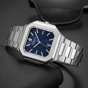 Detailed close-up of the square stainless steel quartz watch with blue textured dial and bracelet.